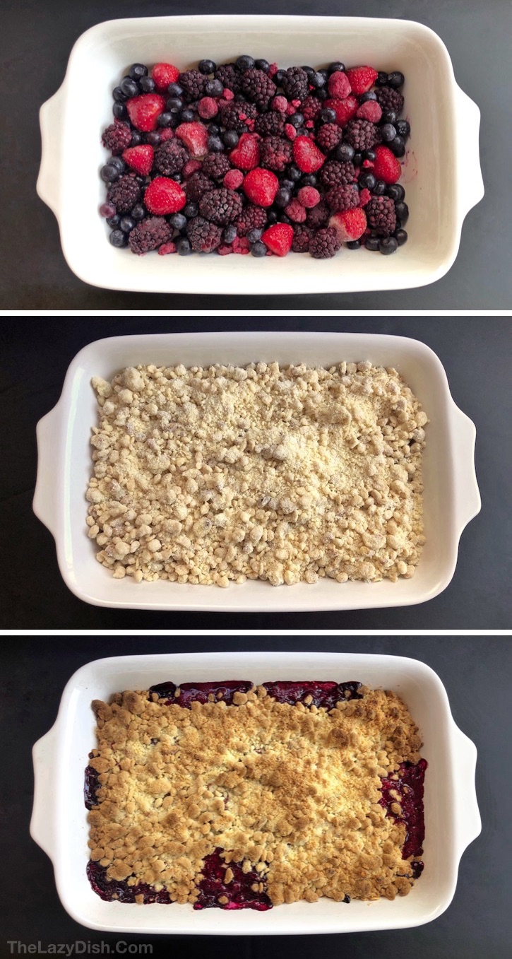 Quick & Easy Berry Cobbler Recipe made with frozen fruit, oats, cake mix walnuts and butter. Looking for easy dessert recipes? This homemade crisp berry cobbler is always a crowd pleaser! It's basically a dump cake and made in one pan with 5 simple ingredients. The Lazy Dish #thelazydish #berrycobbler 