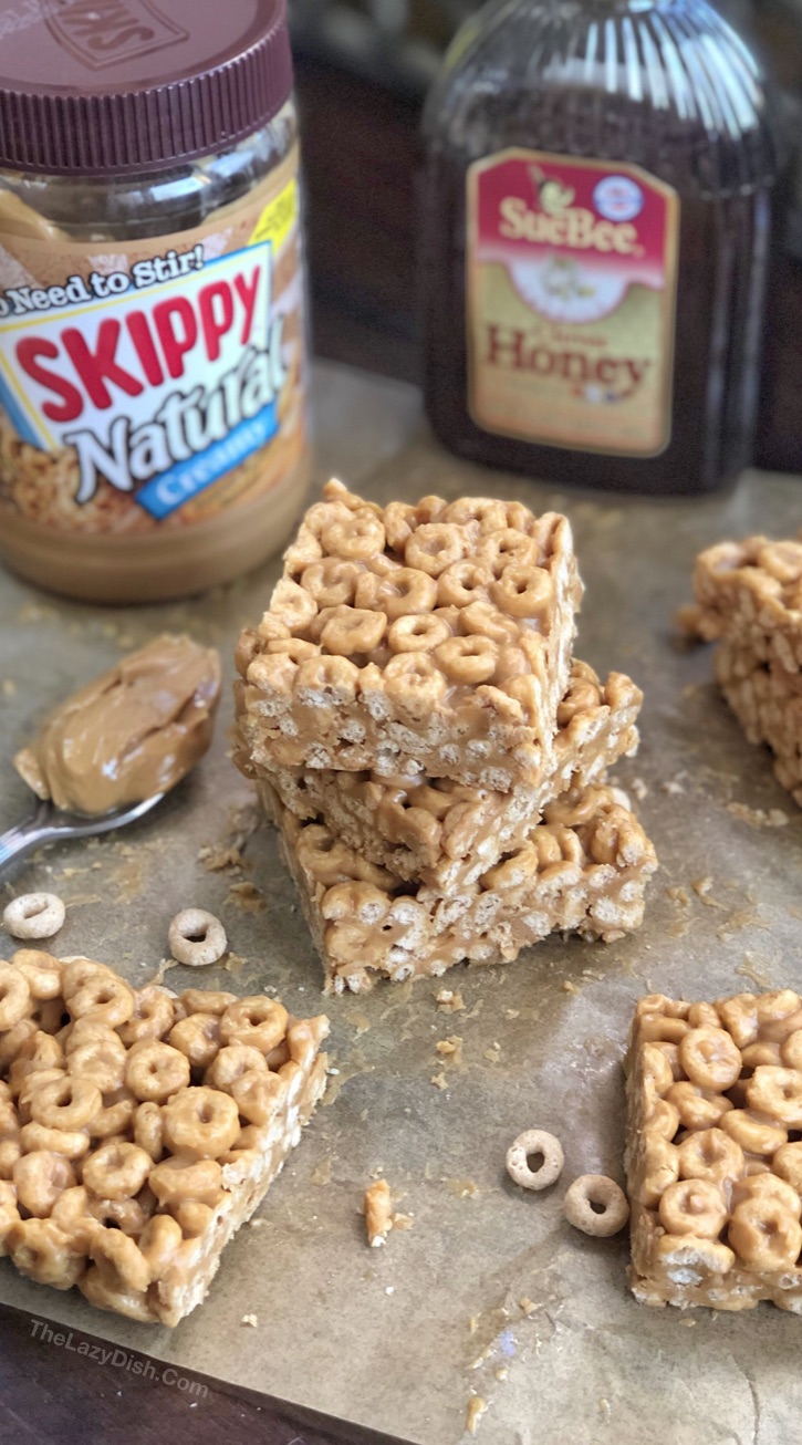 3 Ingredient No Bake Peanut Butter Cheerio Bars - A healthy snack or on the go treat made with honey, peanut butter and Cheerios! A quick and easy kids snack idea. The Lazy Dish #thelazydish #snackideas #cheerios #peanutbutter