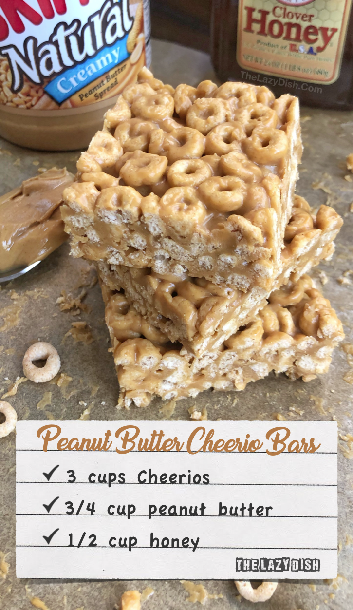 3 Ingredient No Bake Peanut Butter Cheerio Bars - A healthy snack or treat made with honey, peanut butter and Cheerios! A quick and simple kids snack idea. The Lazy Dish #thelazydish #snackideas #cheerios #peanutbutter