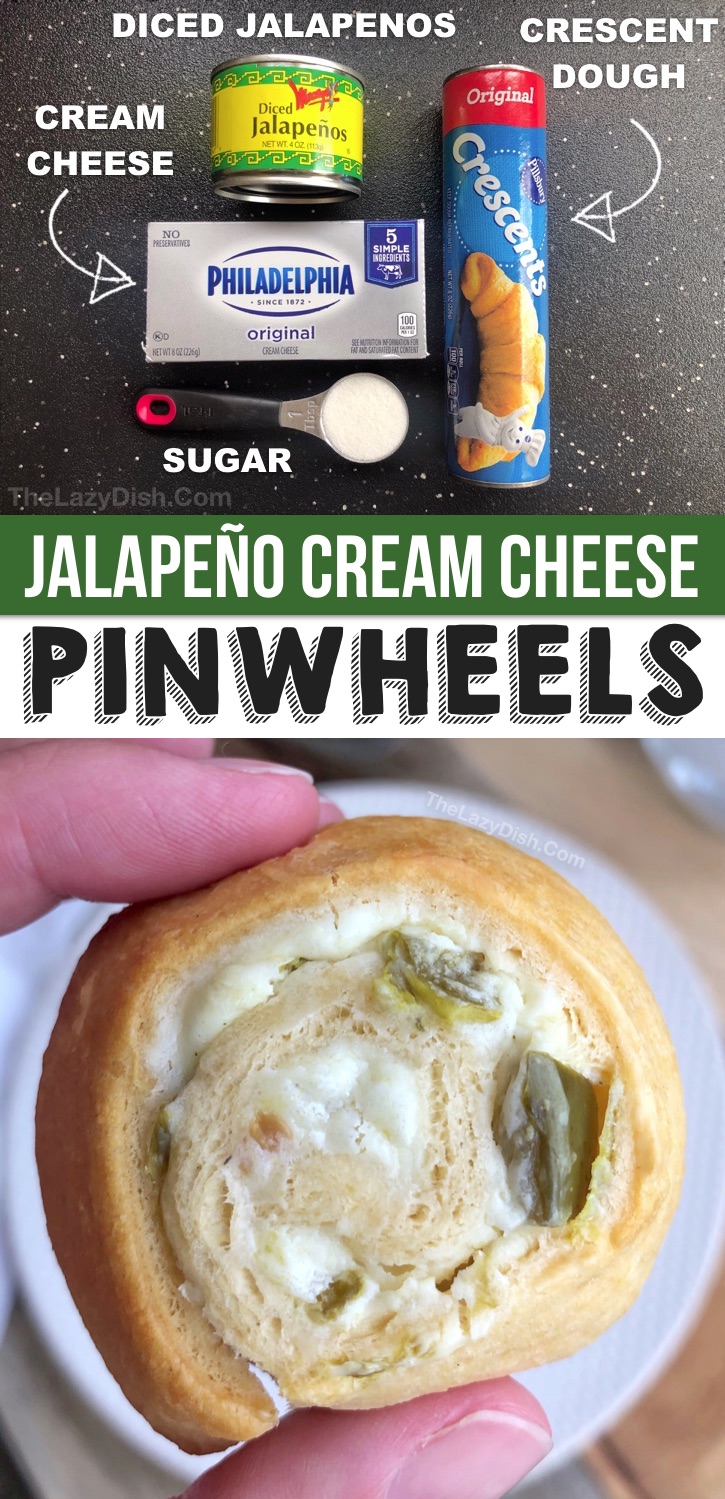 Looking for easy party snacks or appetizers for adults? This quick and easy pinwheel recipe is cheap to make with Pillsbury crescent dough, cream cheese and diced jalapeños. The BEST party food snack on a budget for girls night, game day, football Sunday, parties and more! These simple party roll ups are perfect for any party or small get together. Real crowd pleasers! | The Lazy Dish #partyfood