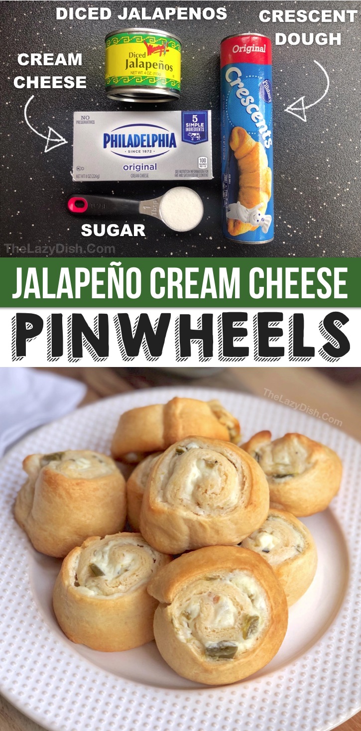 Looking for quick and easy party snacks and appetizers for adults? This easy pinwheel recipe is cheap and simple to make with Pillsbury crescent dough, cream cheese, jalapeños and sugar. The BEST party food on a budget for girls night, game day, parties and more! These easy party roll ups are perfect for any party or just a Sunday comfort food snack. | The Lazy Dish #partyfood