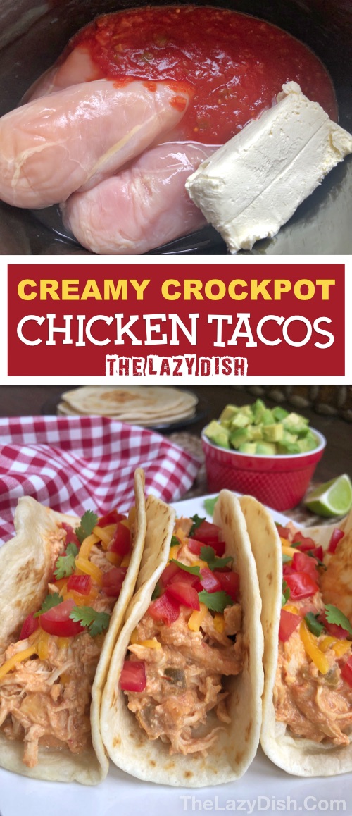 Looking for easy chicken crockpot recipes? These creamy slow cooker chicken tacos are made with just 3 ingredients: cream cheese, chicken and salsa. That's it! It's a quick, easy and cheap dinner idea the entire family will love. Kids too! #The Lazy Dish #thelazydish #lazyfood #crockpotchicken #tacos