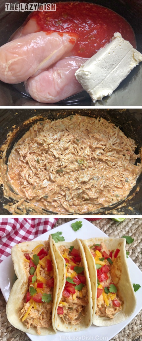 Looking for easy chicken crockpot recipes? These creamy slow cooker chicken tacos are made with just 3 ingredients: cream cheese, chicken and salsa. That's it! It's a quick, easy and cheap dinner idea the entire family will love. Kids too! #The Lazy Dish #thelazydish #lazyfood #crockpotchicken #tacos