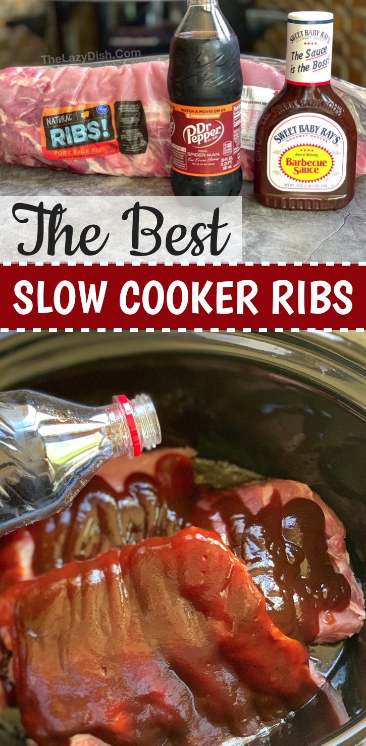 Easy crockpot fall off the bone bbq ribs recipe! The BEST comfort food for busy weeknight meals! Your working husband, boyfriend or ANY man will love these slow cooker ribs. Just 3 ingredients: baby back pork ribs, bbq sauce and Dr. Pepper! SO GOOD! A super quick and easy crockpot dinner recipe for the family.