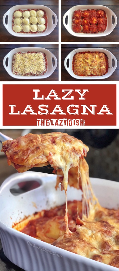 3 Ingredient Baked Ravioli (A.K.A. Lazy Lasagna) - Looking for quick and easy dinner ideas for the family? This 3 ingredient cheap recipe is made with just frozen ravioli, cheese and sauce! Kids and adults both love it. #thelazydish #dinnerideas #lazyfood #lazylasagna