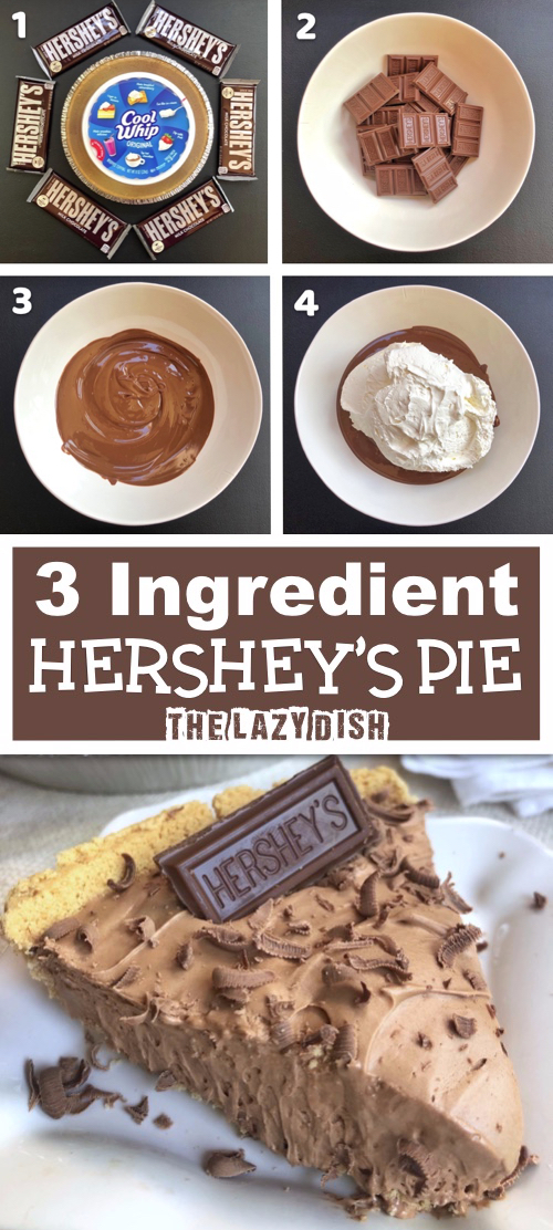 Are you looking for quick and easy no bake dessert recipes? This simple 3 ingredient chocolate pie is absolutely DELICIOUS!! It's incredibly easy to make with just a pie crust, cool whip and Hershey's chocolate bars. This is about as easy as homemade gets. It's incredibly rich with an amazing smooth texture that's like biting into chocolate heaven. 