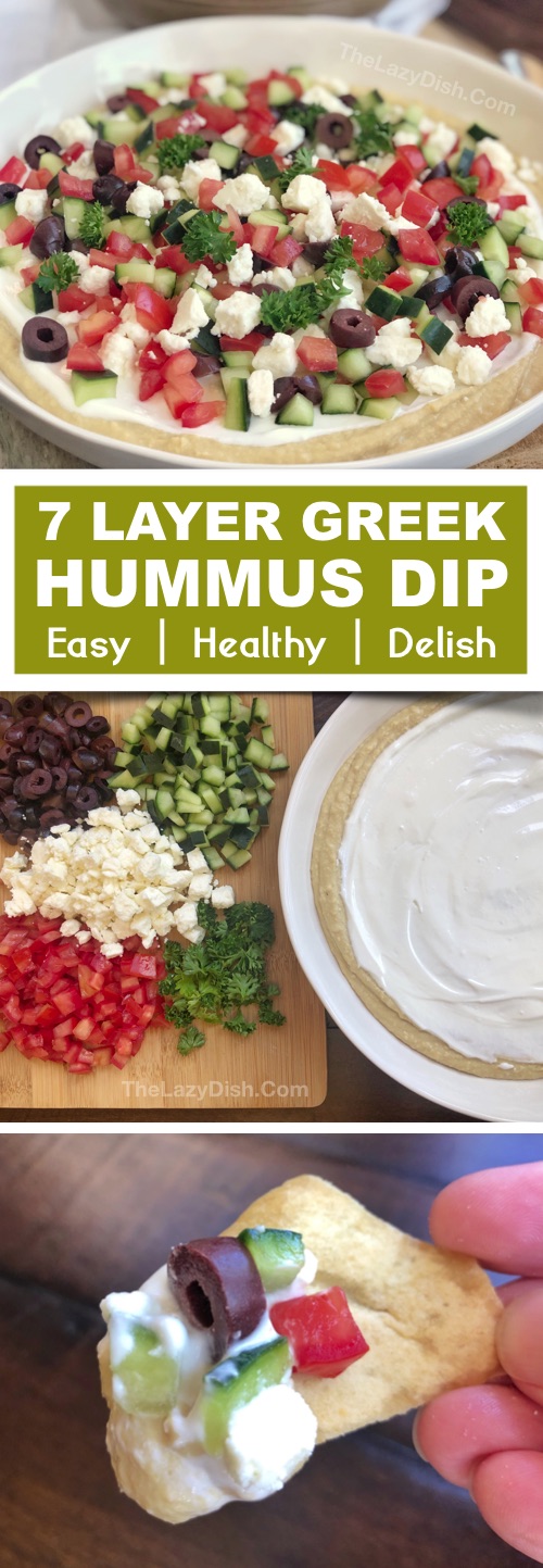 Quick and easy cold party dip recipe: 7 Layer Greek Hummus Dip -- perfect for a crowd. This last minute appetizer idea is always a hit! It's made with hummus, greek yogurt and topped with veggies and herbs! #thelazydish