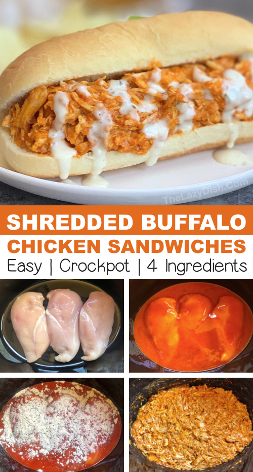 Easy crockpot chicken recipe: shredded buffalo chicken made with just 4 simple ingredients! The best slow cooker meal for busy weeknights! Yum. #thelazydish