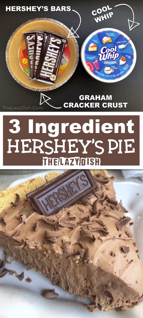 3 Ingredient No Bake Chocolate Pie - Looking for quick and easy dessert recipes? This one is always a crowd pleaser. Made with Cool Whip, Hershey's and a graham cracker crust. The Lazy Dish #thelazydish #chocolate #lazyfood #pie