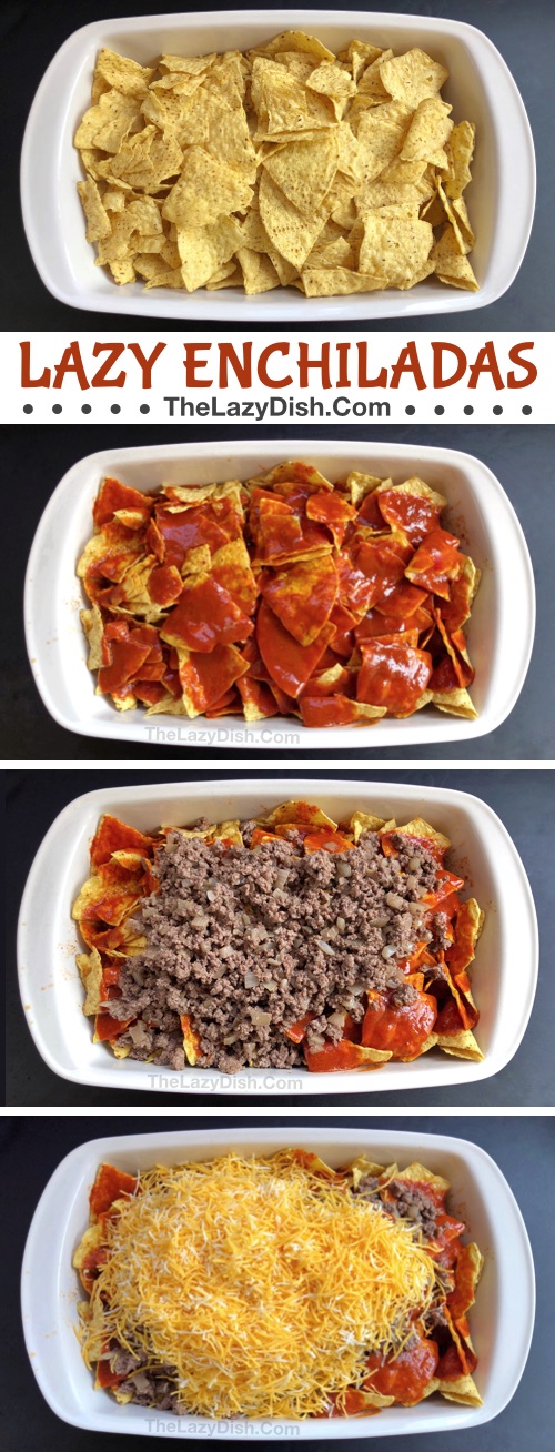Lazy Enchilada Casserole made with 6 simple ingredients: ground beef, cheese, enchilada sauce, salsa, chips and onion. This quick and easy dinner recipe is great for the whole family! Kids love it, too. The Lazy Dish #thelazydish #lazyfood