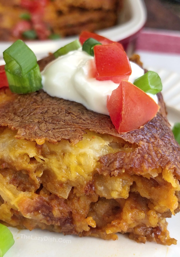 Lazy Enchilada Casserole - A quick and easy dinner idea made with ground beef and other simple ingredients! 