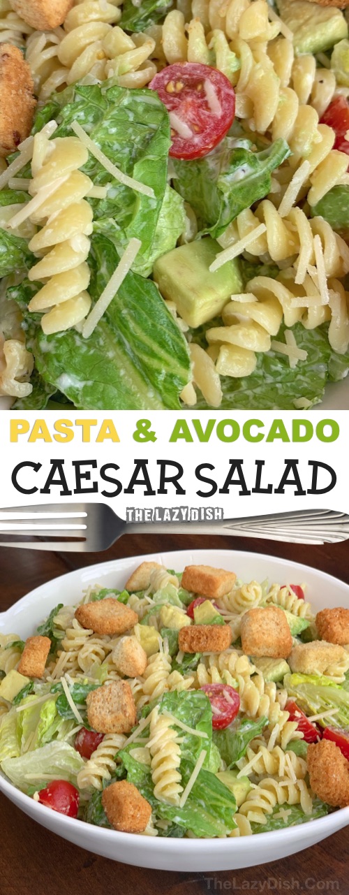 Easy potluck recipe for a crowd! This quick pasta caesar salad recipe is always a hit. It's so simple, you can toss it together in no time, and it's the perfect party food on a budget. If you are looking for easy potluck ideas, this is it! The Lazy Dish #thelazydish #potluck #partyfood #pastasalad