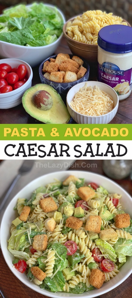 Looking for quick and easy pasta salad recipes for a crowd? This simple recipe is basically taking a caesar salad and adding avocado and pasta! The combination is absolutely incredible. It's a fabulous healthy cold side dish for summer bbqs, parties and potlucks, or family gatherings at home. You can also add chicken to make it a complete meal or even weeknight dinner. It's creamy, easy and delish! Made with your favorite store-bought caesar dressing so that you can throw it together in no time!