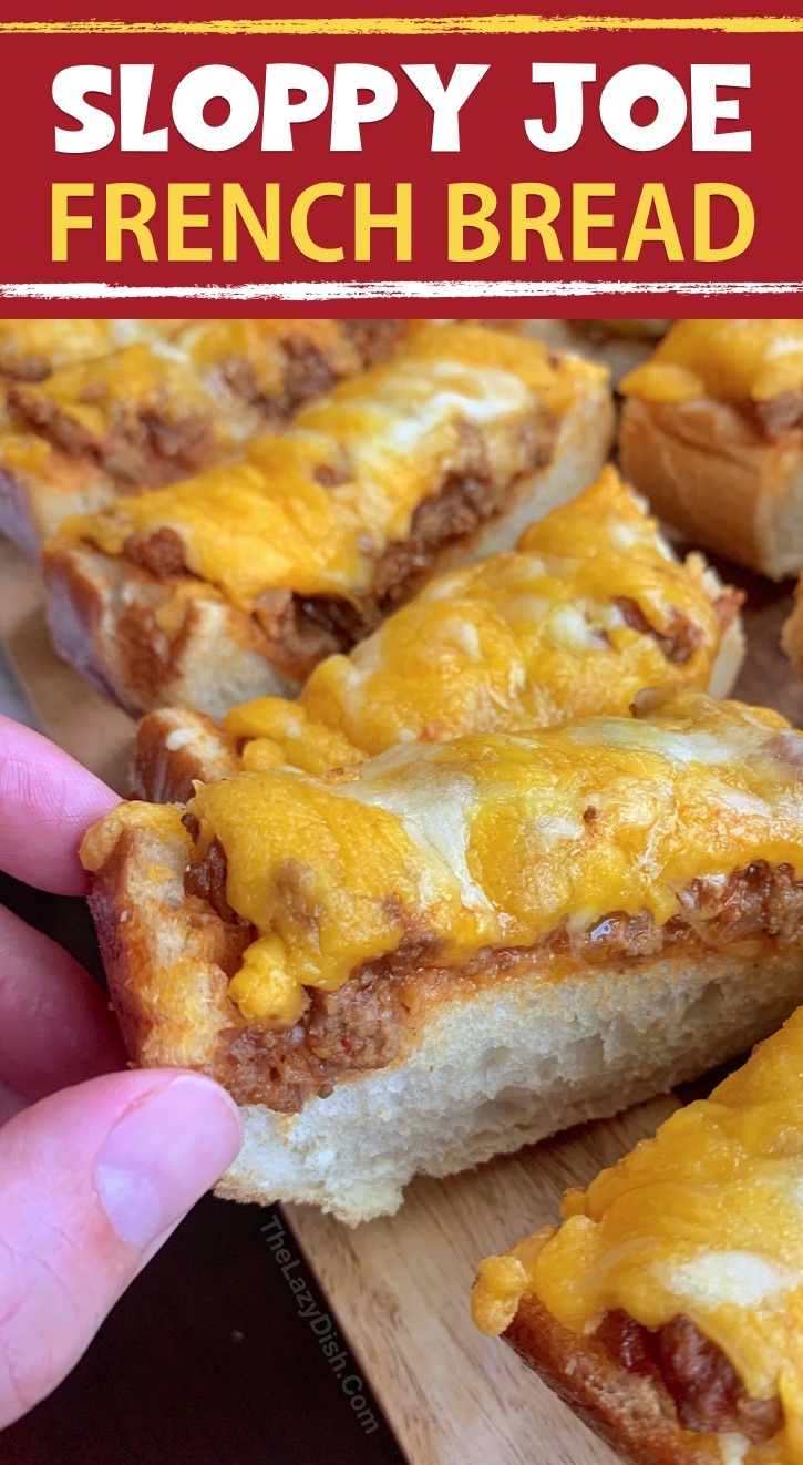 Sloppy Joe French Bread Slices - This super quick and easy appetizer or snack idea is made with just 5 simple ingredients! It's cheap, tasty and a real crowd pleaser! You can also serve it for lunch or dinner with a side salad. The Lazy Dish #thelazydish #gameday #footballparty #sloppyjoe #appetizers #groundbeef