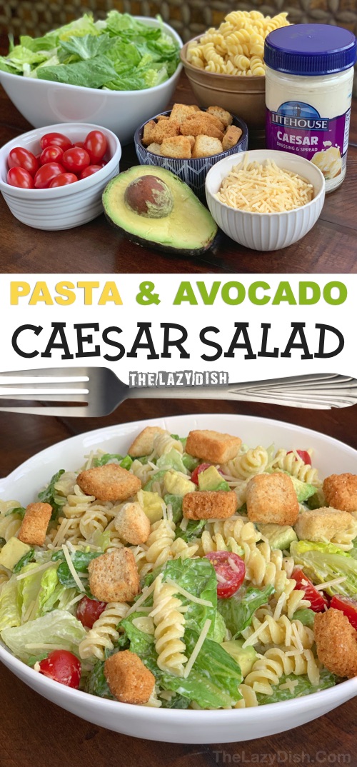 Quick and easy potluck recipe for a crowd! This pasta caesar salad is always a hit. It's so simple, you can toss it together in no time, and it's the perfect party food on a budget. If you are looking for easy potluck ideas, this is it! The Lazy Dish #thelazydish #potluck #partyfood #pastasalad
