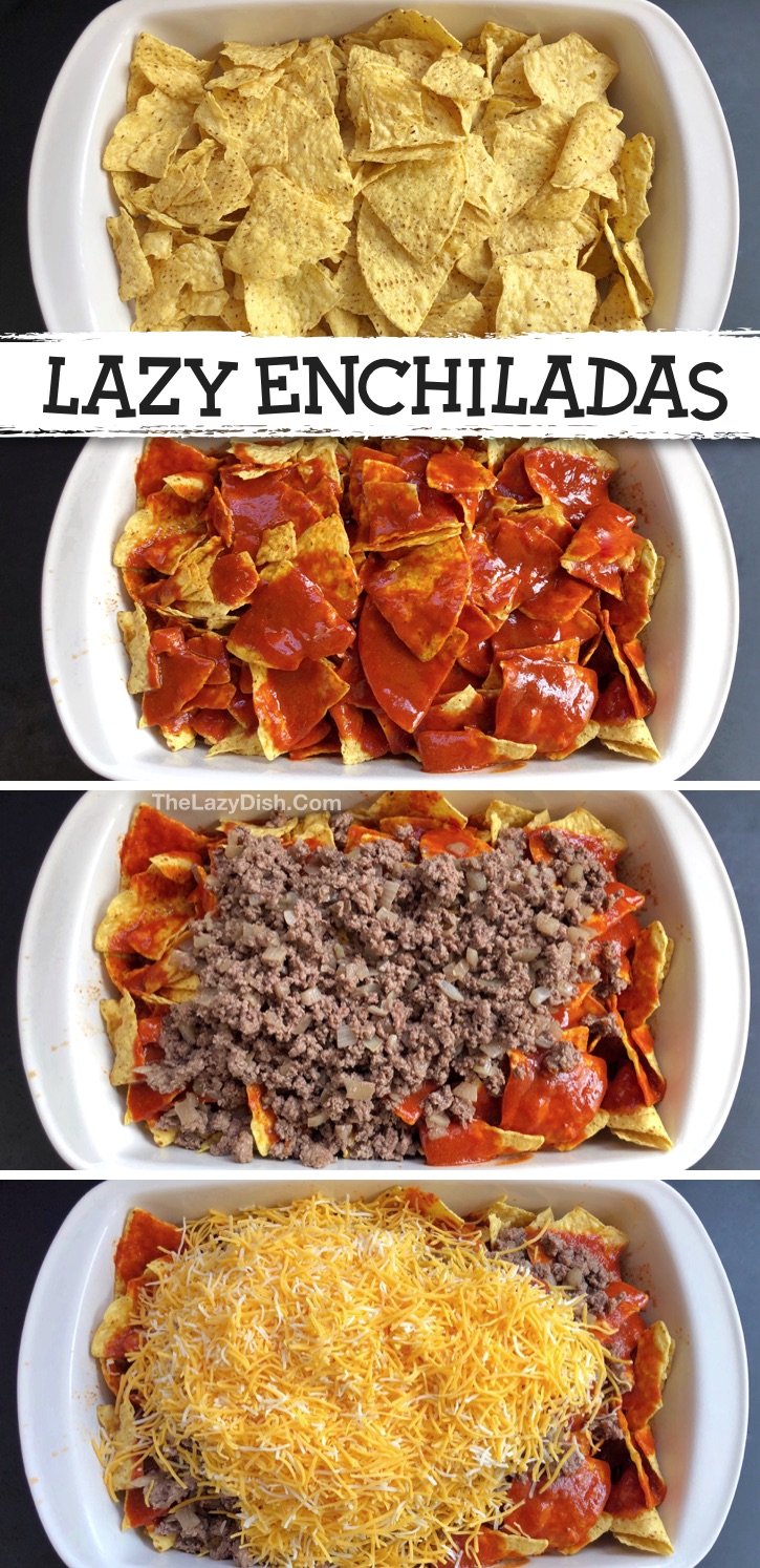 Looking for quick and easy to make dinner recipes for busy moms? This simple mexican enchilada casserole is made with cheap and basic ingredients including ground beef, chips, cheese, enchilada sauce and salsa. Perfect for large families and crowds! Even my picky eaters, kids and husband love this easy dinner recipe for busy weeknight meals. Perfect main dish idea for busy moms and dads!| The Lazy Dish 
