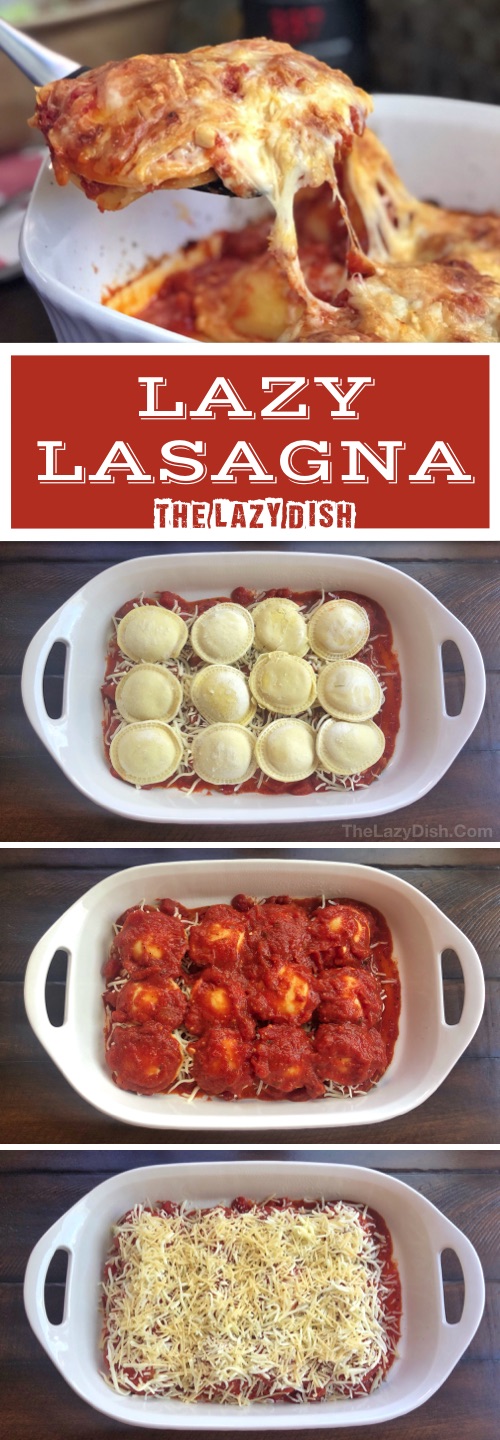 3 Ingredient Baked Ravioli (A.K.A. Lazy Lasagna) - Looking for quick and easy dinner ideas for the family? This 3 ingredient cheap recipe is made with just frozen ravioli, cheese and sauce! Kids and adults love it. The Lazy Dish #thelazydish #dinnerideas #lazyfood 
