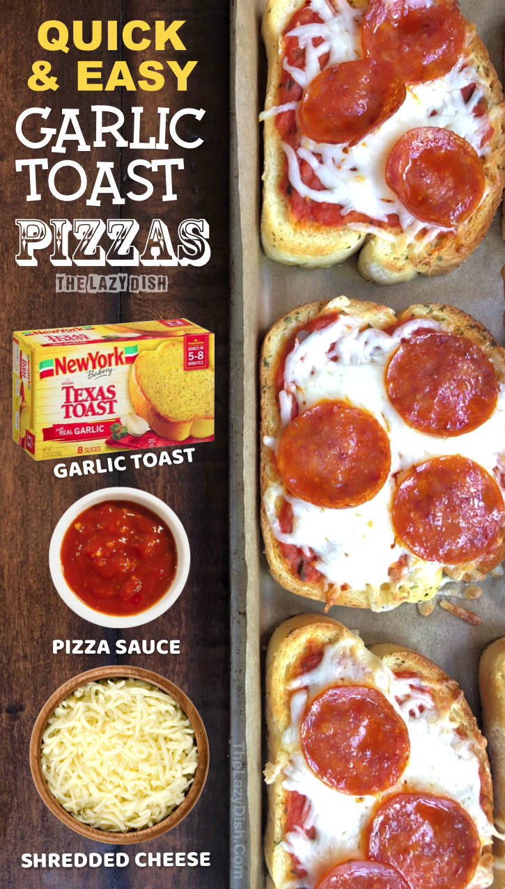 Looking for quick and easy dinner recipes for the family? These mini garlic toast pizzas are perfect for busy week nights! Just 3 ingredients, and so simple the kids can make it. The Lazy Dish #thelazydish #easydinner #lazyfood #pizza