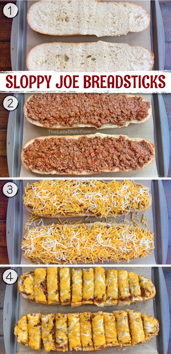 Sloppy Joe FOR A CROWD-- perfect for parties! Looking for quick and easy comfort food snacks? Check out these sloppy joe french breadsticks! So simple to make with few ingredients. This delicious recipe is perfect as a Sunday snack for the family or game day appetizer. Perfect for parties or rainy days stuck at home. It can also be enjoyed as a meal with a side salad. Made with just ground beef, sloppy joe mix, onion, french bread and cheddar cheese. So yummy! The kids and hubby will love it. 