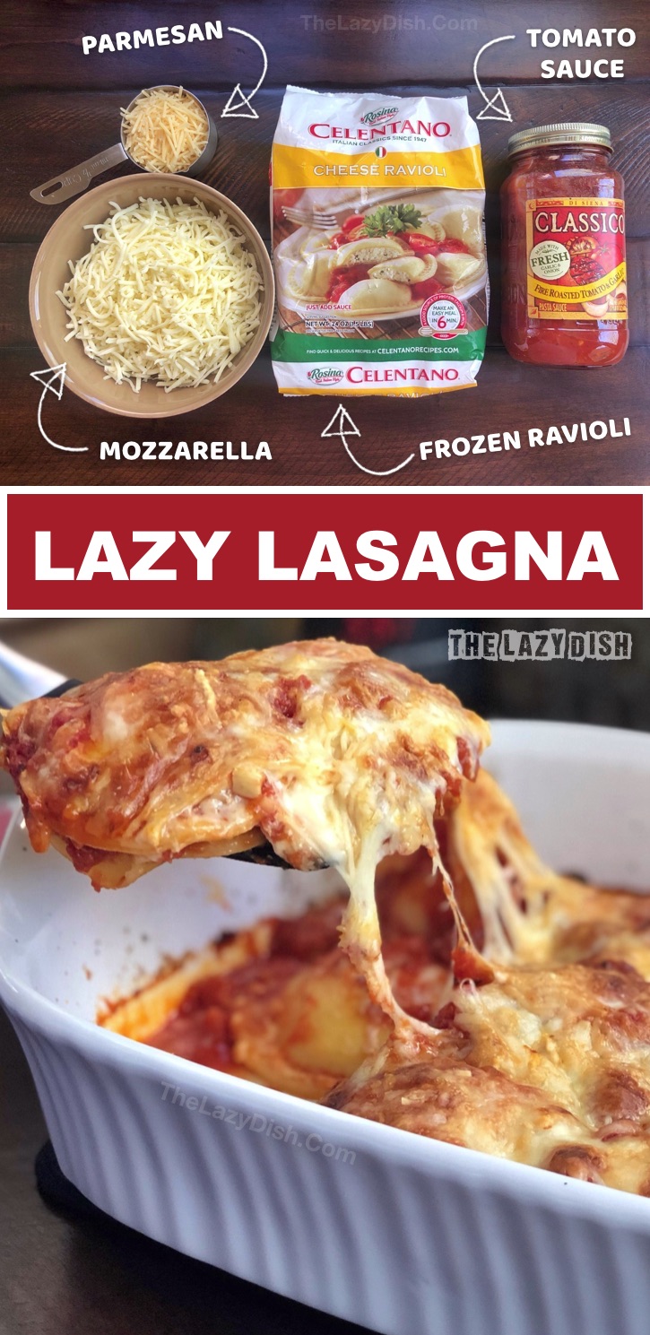 3 Ingredient Baked Ravioli (A.K.A. Lazy Lasagna) - Looking for quick and easy vegetarian dinner ideas for the family? This 3 ingredient cheap recipe is made with just frozen ravioli, cheese and sauce! Kids and adults both love it. The Lazy Dish #thelazydish 