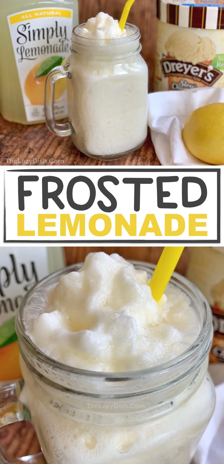 Quick and Easy Slushie Recipe: Just 2 ingredients! Frosted Lemonade made with ice cream, lemonade and ice. Super quick and easy blender slushy even kids can make. #thelazydish #frostedlemonade #slushie #smoothie 