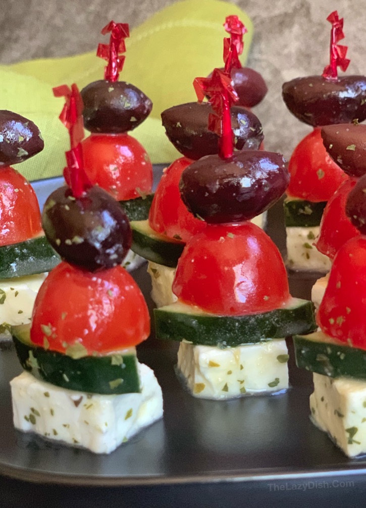 Easy Greek Salad Skewers Party Appetizer -- perfect for a crowd and can be made ahead of time! 