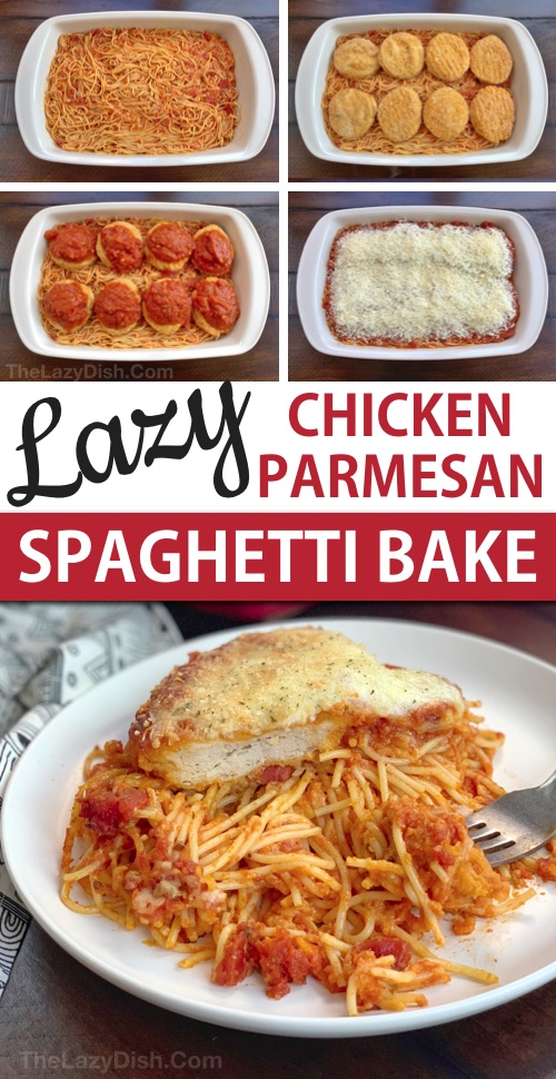 Lazy Chicken Parmesan Baked Spaghetti Casserole (a quick and easy dinner idea for the family!) This budget friendly meal is so simple to throw together, it's prefect for busy week nights. An easy casserole dish made with just 5 ingredients. #thelazydish #easydinner #chickenparmesan 