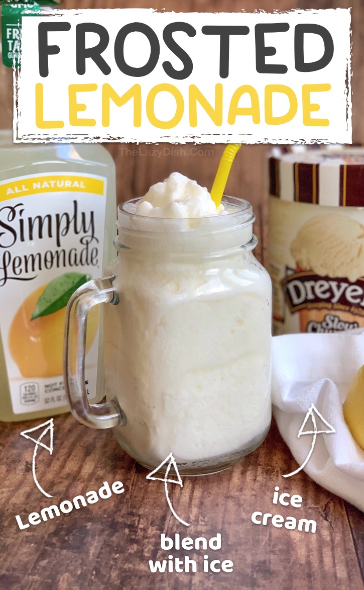 Quick and Easy Summer Slushie Recipe: Just 3 ingredients! Frosted Lemonade made with ice cream, lemonade and ice. Super quick and easy blender slushy even kids can make. #thelazydish #frostedlemonade #slushie #smoothie 