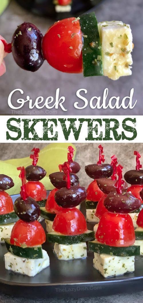 Greek Salad Skewers Appetizer - A quick and easy make ahead cold party appetizer that is always a crowd pleaser! This easy and cheap finger food kabob recipe is healthy, low carb, keto friendly, gluten free and vegetarian! It's perfect for summer, potlucks, brunches, game day, girls night, Cinco de mayo, birthdays, parties or any special occasion. #thelazydish #appetizers #partyfood #lowcarb
