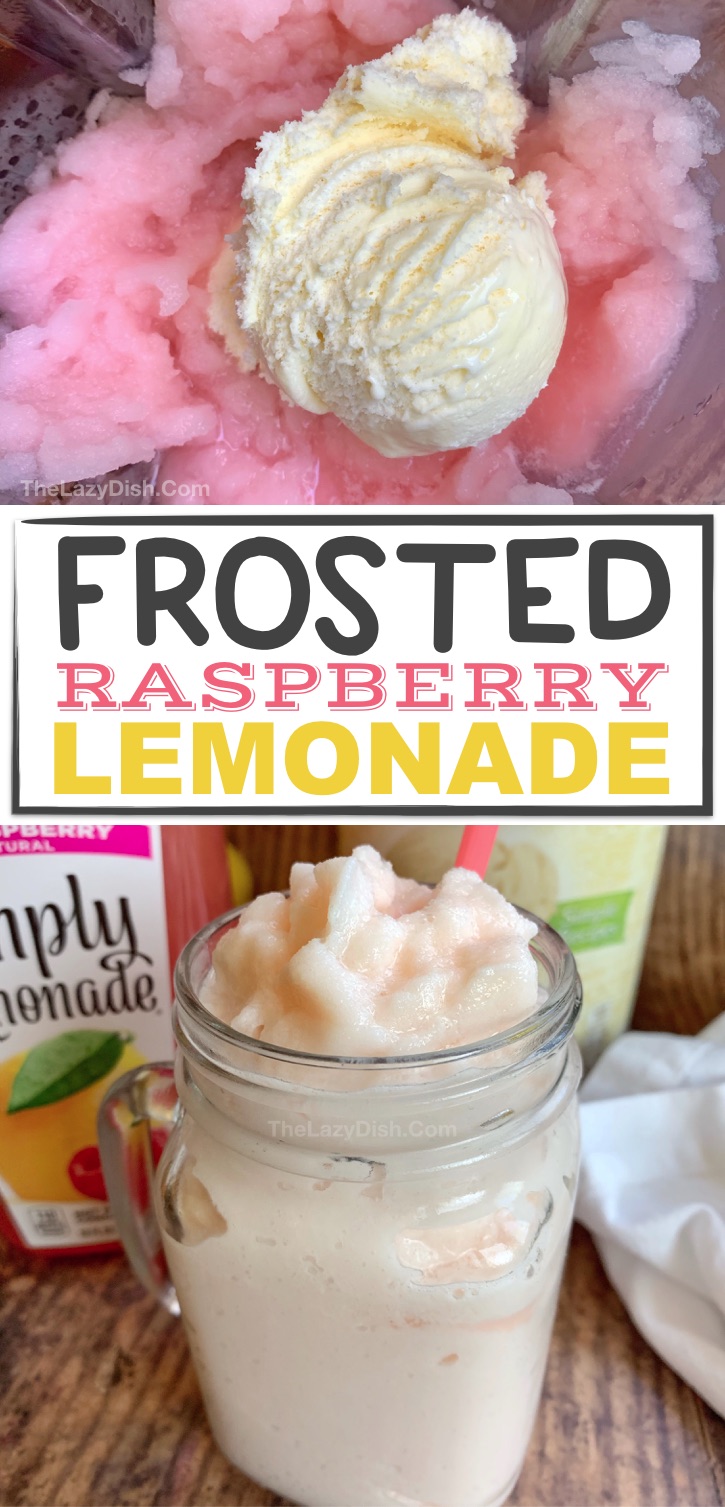 Easy Summer Slushie Recipe: Just 3 ingredients! Frosted Raspberry Lemonade made with ice cream, lemonade and ice. Super quick and easy blender slushy even kids can make. #thelazydish #frostedlemonade #slushie #smoothie 