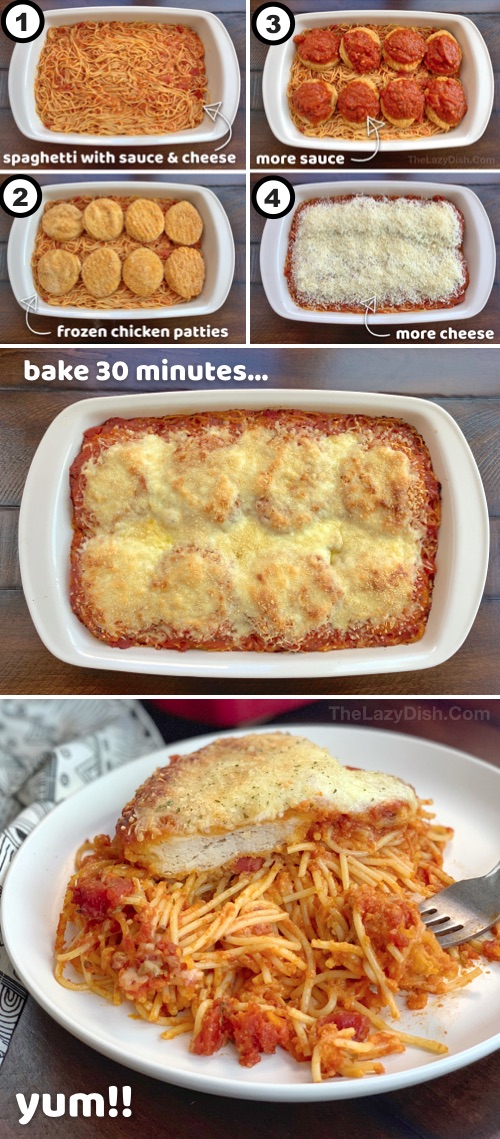 Lazy Chicken Parmesan Spaghetti Bake (a quick and easy dinner idea for the family!) This budget friendly meal is so simple to throw together, it's prefect for busy week nights. An easy casserole dish made with just 5 ingredients. #thelazydish #easydinner #chickenparmesan 