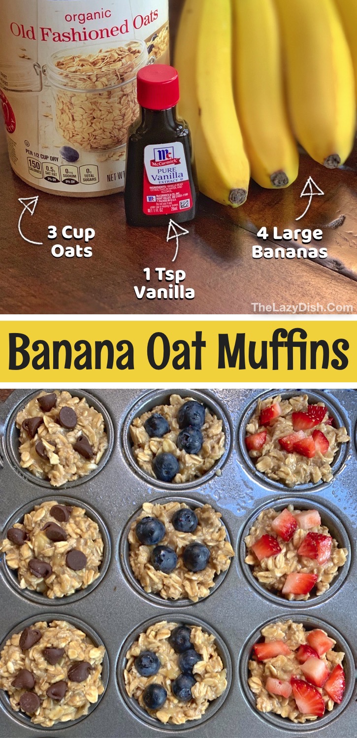 Looking for quick, easy and healthy snack ideas for kids? These banana oat muffins are made with just 3 ingredients plus the mix-ins of your choice: bananas, oats and vanilla extract. They are perfect for on the go, school lunch boxes, breakfast, sports and more. They are super simple and cheap to make with healthy vegan ingredients that you probably already have on hand. A fun and clean eating recipe even for picky eaters! Toddlers and teens love these mini muffins! #healthysnacks #thelazydish