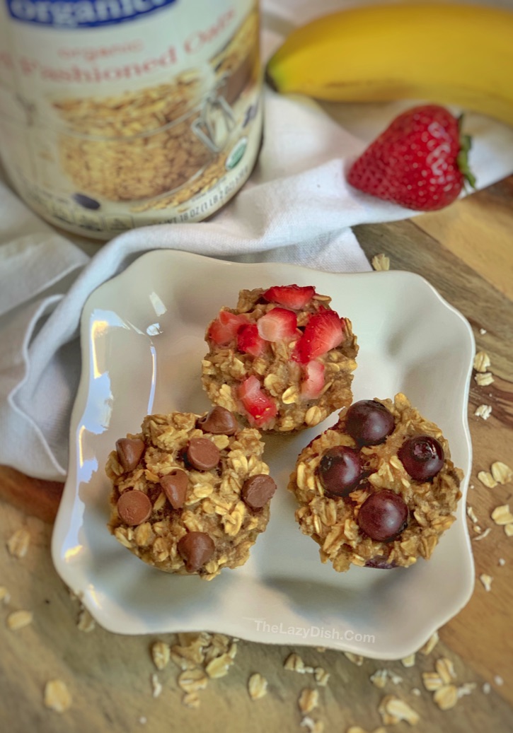Quick and Easy Banana Oat Muffins Recipe-- just 3 ingredients plus the mix-ins of your choice! Healthy, simple and delish. No flour, no sugar and vegan friendly.