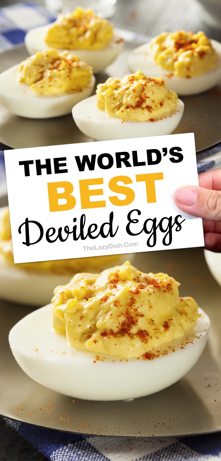 Awesome low carb appetizer idea: The BEST easy classic deviled egg recipe ever made with simple ingredients: mayonnaise, yellow mustard, apple cider vinegar and seasoning to taste (plus tips and tricks on how to perfectly boil eggs for easy peel removal). The Lazy Dish #thelazydish