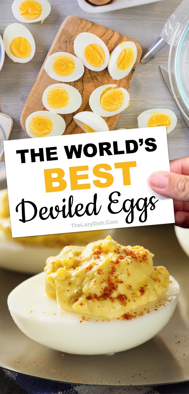 Awesome keto appetizer idea: The BEST easy classic deviled egg recipe ever made with simple ingredients: mayonnaise, yellow mustard, apple cider vinegar and seasoning to taste (plus how to perfectly boil eggs for easy peel removal plus lots of other tips). The Lazy Dish #thelazydish