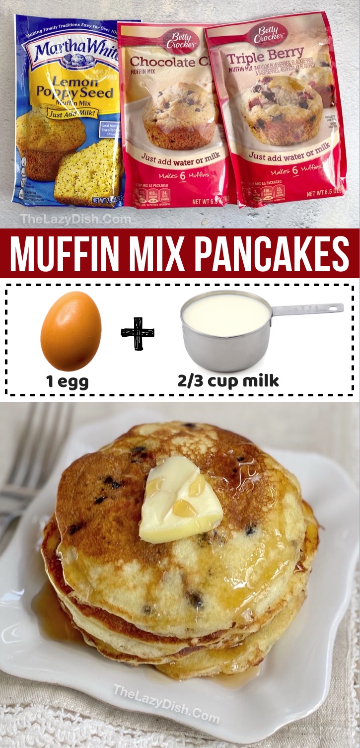 How To Make Pancakes Out of Muffin Mix -- Looking for quick and easy breakfast recipes for kids and teens? Try making pancakes out of muffin mix! There are so many flavor options that make it fun and exciting, plus it only requires 3 ingredients. Toddlers, children, teens AND adults love this simple breakfast idea. A creative idea for Sunday brunch or busy weekday mornings for the family. Also a fun idea for olders kids to make on their own (especially teens). This easy recipe hack will soon be a family favorite. #lifehacks #funfood 