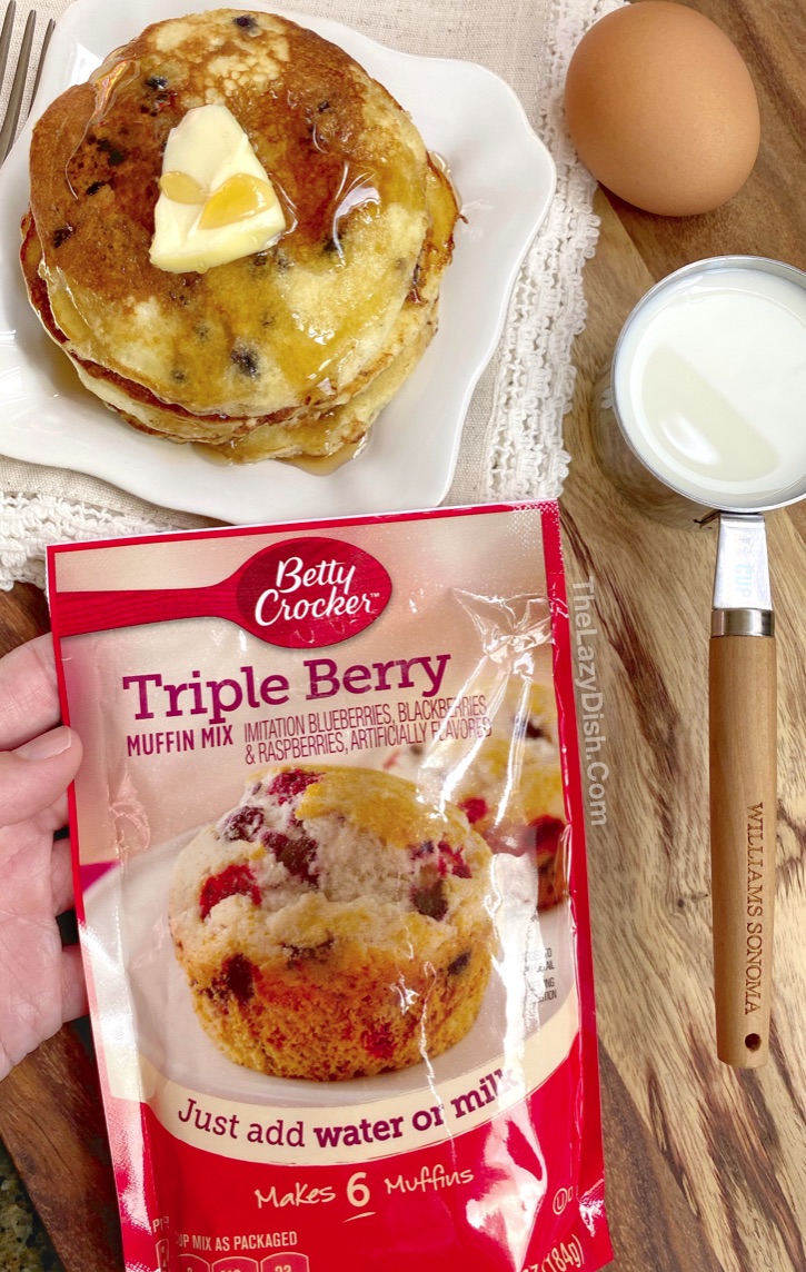 Quick, easy and cheap breakfast idea for busy mornings. Just 3 ingredients! Muffin mix pancakes. Perfect for kids.