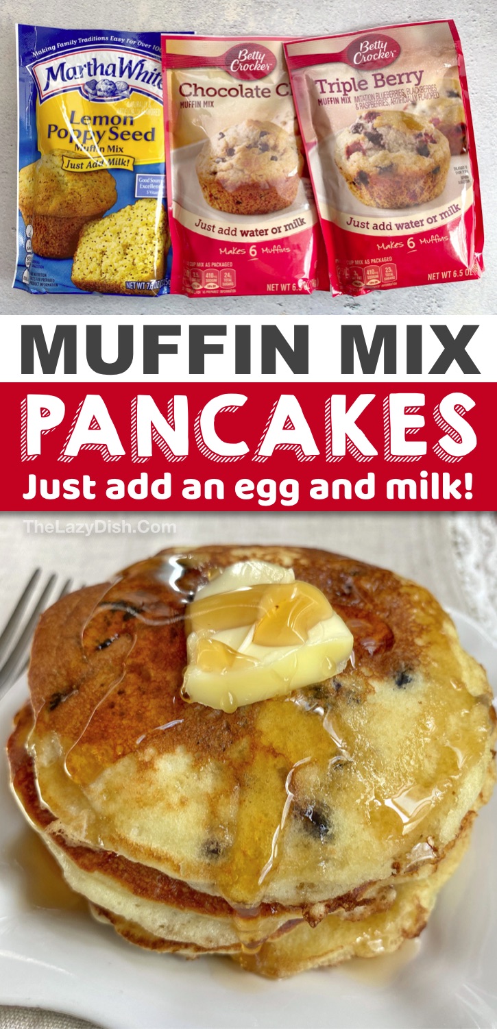 Quick, easy and fun breakfast idea for the kids! These muffin mix pancakes are perfect for busy mornings and your picky eaters will love them! They are so delicious and fun to make with just 3 ingredients: muffin mix, an egg and milk. #pancakes #breakfast #3ingredients #thelazydish