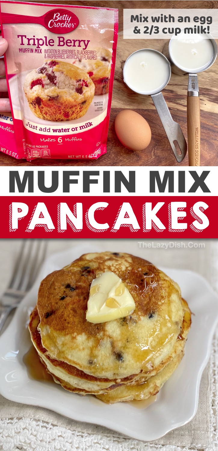Looking for quick and easy breakfast ideas for the kids? These 3 ingredient muffin mix pancakes are perfect for busy mornings! They are so delicious and fun to make with several different flavors. Just mix with an egg and milk. So simple and cheap to make! #pancakes #breakfast #3ingredients #thelazydish