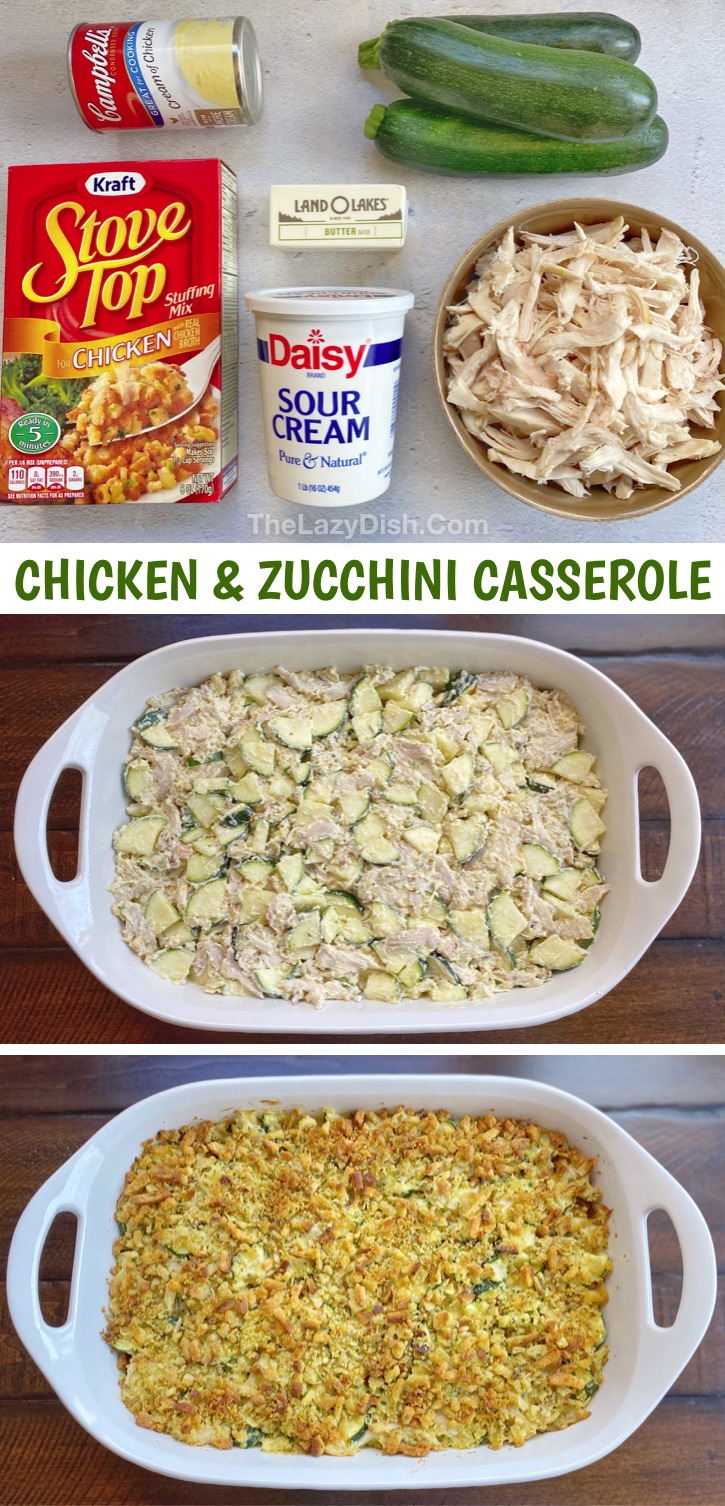 Looking for easy and healthy family dinner recipes for your picky eaters? This weeknight meal is made with cheap and simple ingredients: rotisserie chicken, zucchini, stuffing, soup, sour cream and butter! It's filled with flavor and loaded with healthy veggies. Your kids and hungry husband will love this easy meal. Perfect for busy moms and dads! It's fast, budget friendly and delicious! What more could you ask for? A yummy rotisserie chicken idea. #chicken #dinnerideas #casserole #thelazydish