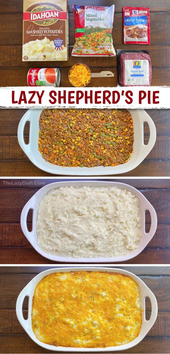 Quick and easy family dinner recipe! The BEST Lazy Shepherd's Pie (made with ground beef). This kid friendly meal is perfect for busy moms and dads. Even your picky eaters will devour it! It's made with cheap and simple ingredients and is a family favorite for busy weeknights. Some serious comfort food, but with healthy veggies! If you're looking for ground beef recipes for dinner, this one is a keeper. #thelazydish #easydinner 
