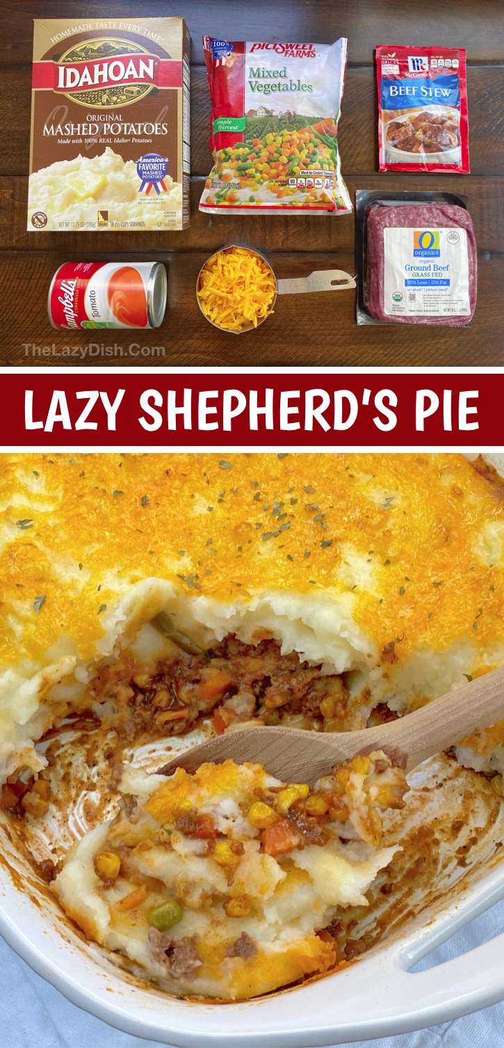 Looking for quick and easy family dinner recipes? Check out this simple casserole dish: The BEST Lazy Shepherd's Pie (made with ground beef). This kid friendly dinner idea is perfect for busy moms and dads. Even your picky eaters and husband will devour it! It's made with few ingredients and is a family favorite for busy weeknights. The best comfort food, but loaded with healthy veggies! If you're looking for cheap ground beef recipes for dinner, this easy layered casserole is great for large families with kids. #thelazydish #easydinner #groundbeef