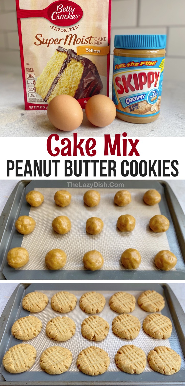 Looking for quick and easy dessert recipes for kids? These simple homemade peanut butter cookies are made with just 4 cheap ingredients: yellow cake mix, eggs, peanut butter and oil. The BEST cookies! They're so soft and chewy! These sweet treats or perfect for a crowd or just a quick dessert at home. You could also add chocolate chips or kisses! If you're looking for creative dessert ideas with few ingredients that are super easy to make, give these cake mix cookies a try. #cake mix #cookies 