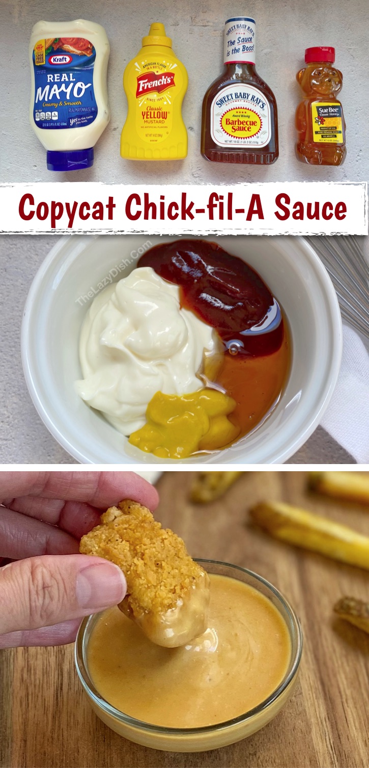 This super quick and easy copycat chick fill sauce recipe is made with ingredients you probably already have: mayo, mustard, bbq sauce and honey. So simple to make with cheap ingredients! It's perfect for chicken nuggets, chicken tenders, grilled chicken and even french fries. Kids and teens love this easy homemade sauce recipe. This is the BEST dipping sauce! Tastes just like Chick fil a sauce only better for you. The perfect serving for one, so double it if you're serving more. #copycatrecipe #dippingsauce