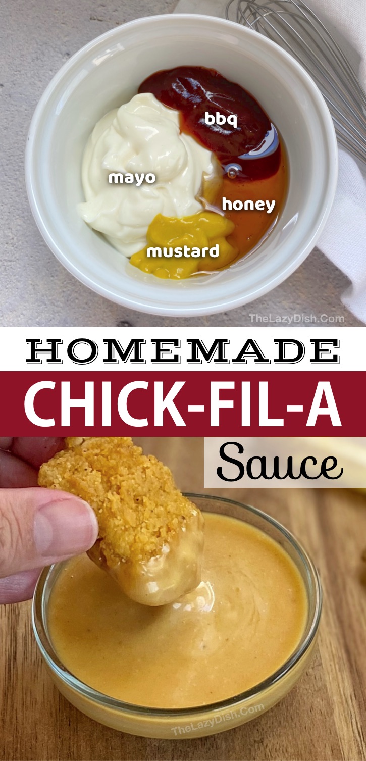 Quick & Easy Homemade Chick-fil-A Dipping Sauce made with just 4 simple ingredients! Mayo, bbq sauce, mustard and honey. Looking for dipping sauce ideas for chicken nuggets or tenders? This DIY copycat Chick fil A sauce is THE BEST! It's also made with cheap ingredients that you probably already have. Copycat Fast Food Restaurant Recipes #thelazydish #dippingsauce #copycat