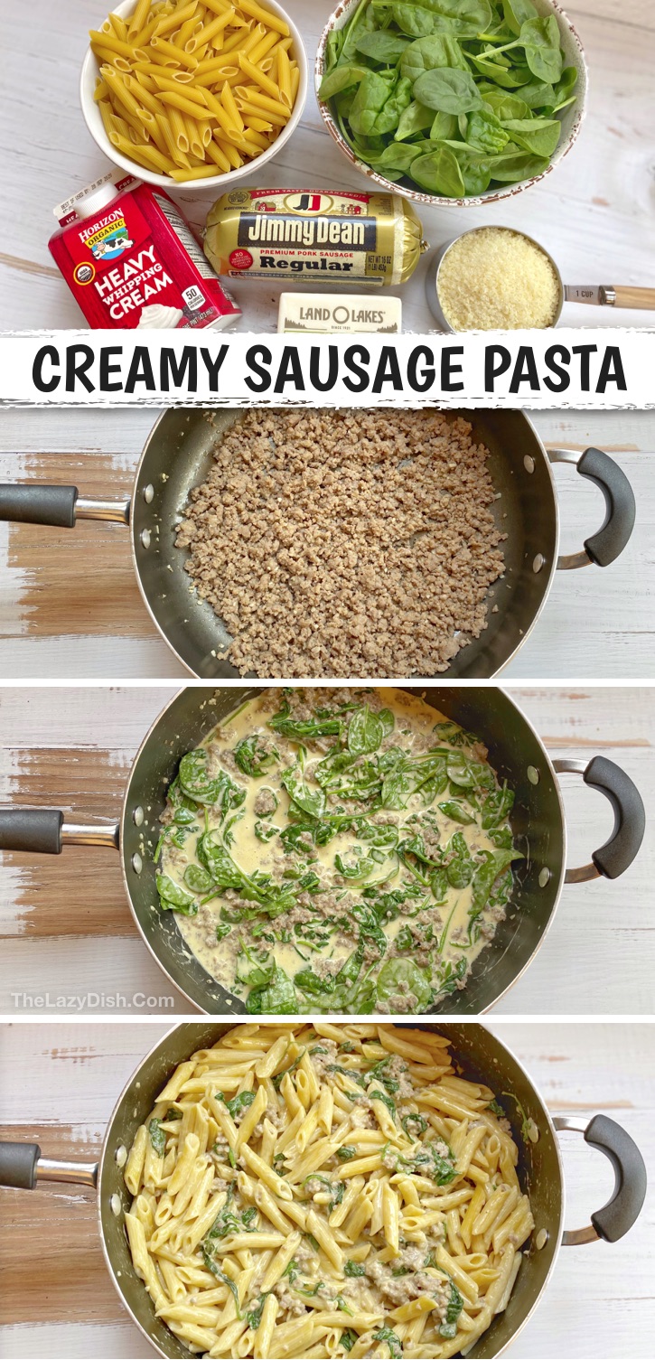 Creamy Sausage & Spinach Pasta (an easy and cheap family dinner recipe!) Looking for simple weeknight meals? This one pot pasta dish is perfect for the whole family, including the picky kids. It's made with few and common ingredients. Great for busy moms and dads on weeknights! #pasta #sausage #thelazydish