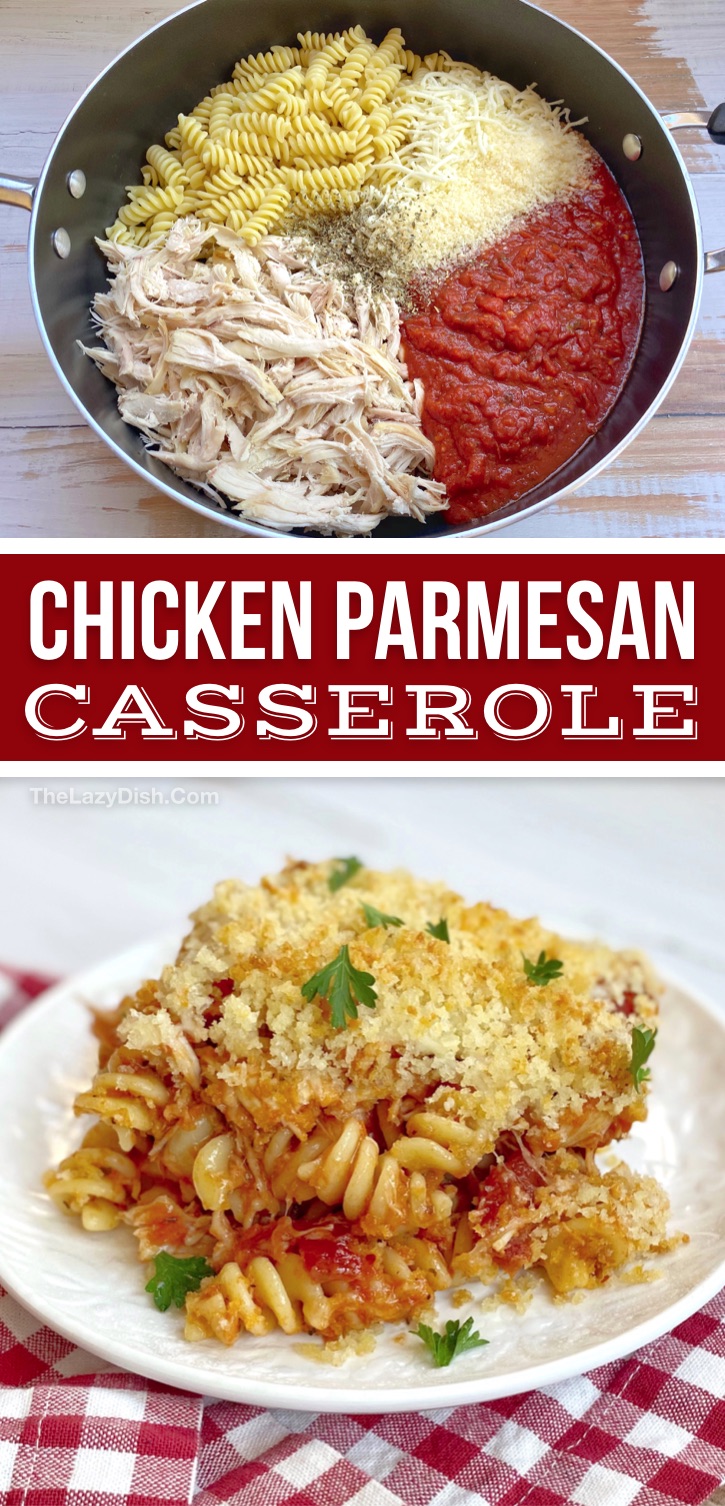 Looking for easy dinner recipes for a family with kids? This rotisserie chicken parmesan casserole with pasta is great for picky eaters! And it's made with cheap and simple ingredients. The homemade breadcrumb topping makes it crispy and delish. #thelazydish #easydinner #pasta