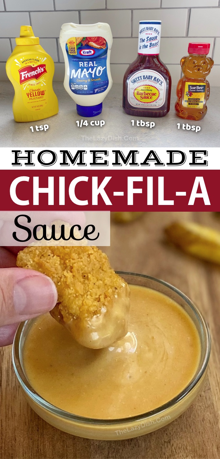 The BEST Quick & Easy Copycat Chick fil A Sauce made with 4 simple ingredients! Mayonnaise, barbecue sauce, mustard and honey. Looking for homemade dipping sauce ideas for chicken tenders or nuggets? This DIY homemade Chick fil A sauce is AWESOME! It's also made with cheap ingredients that you probably already have. Easy Copycat Fast Food Restaurant Recipes #thelazydish #dippingsauce #copycat #chickfila