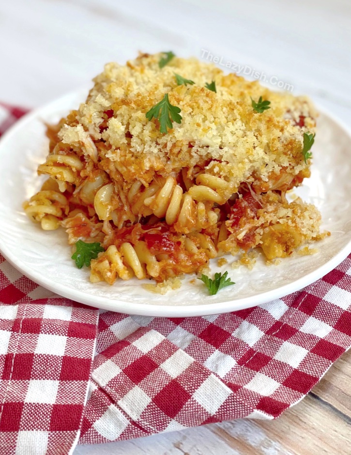 Easy Chicken Parmesan Casserole With Pasta -- A super simple main dish for the family! Even your picky eaters will love this budget friendly meal.