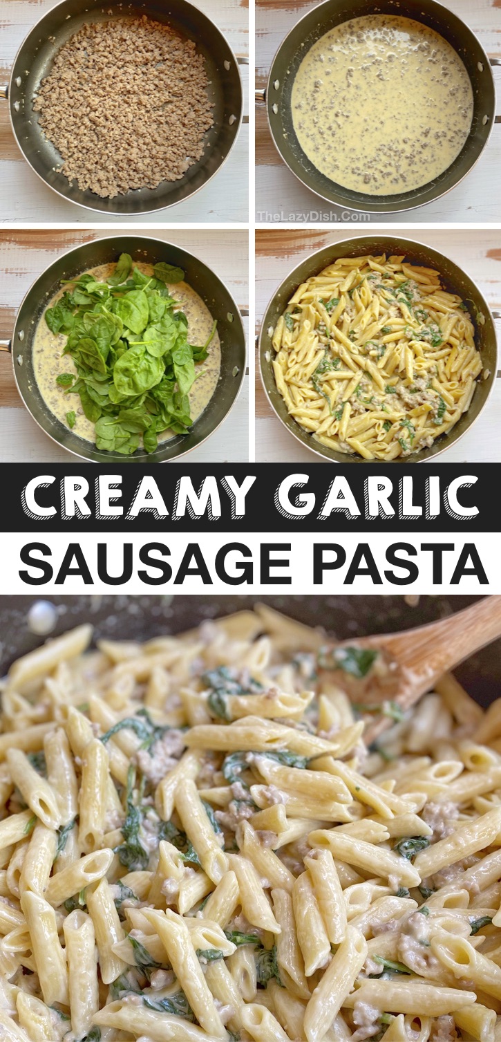 Looking for quick and easy pasta recipes with few ingredients? No flavor missing here! This creamy garlic sausage pasta is made with cheap and simple ingredients including ground sausage, spinach, penne noodles, heavy cream, garlic, butter and parmesan. Perfect for the whole family! Even your kids and picky eaters will love this simple meal. It takes just 20 minutes-- perfect for busy weeknights. A main dish loaded with healthy spinach, so no need for any sides. #pasta #easydinners #thelazydish